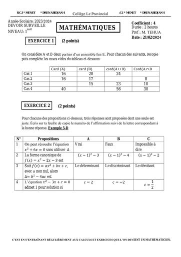 DEVOIR DE MATHS 1iere D du 21 février 2024 provincial