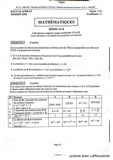 BAC 2026 Maths série A2 sujet Ci By TEHUA