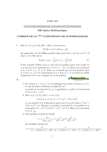 Corrigé 1ère épreuve de maths ISE option maths 2004 (ENSEA)