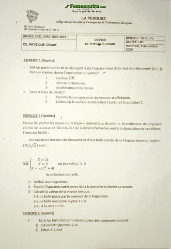 Devoir de Physique Chimie niveau Tle D Collège La Pérouse - Année scolaire 2020-2021