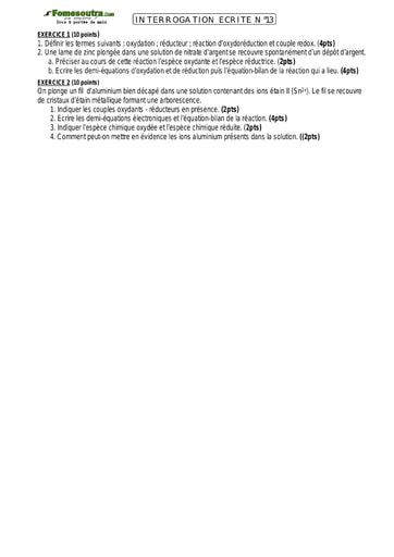 Interrogation (5) de Chimie (oxydo-reduction) 1ère C Lycée Moderne de Dimbokro