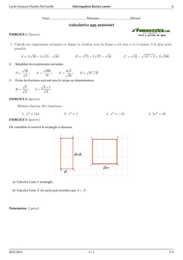 Interrogation (3) Racine carrée -  maths 3eme