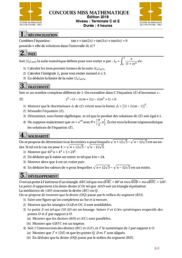 Concours Miss Maths 2018 niveau Tle C