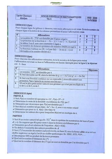 Sujets de Mathématique série C Lycée Classique d'Abidjan 2022-2023