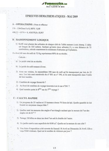 Sujet et corrigé de Mathématiques concours d’entrée à l'EMPT Bingerville 2009