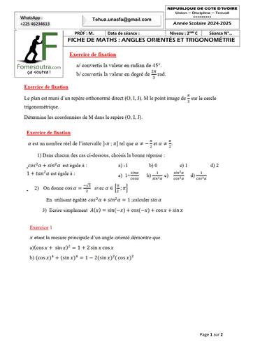 FICHE DE TRAVAUX DIRIGES MATHS ANGLES ORIENTÉS ET TRIGONOMÉTRIE 2nde C