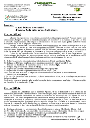 Sujet de Biologie végétale concours A2GP 2016