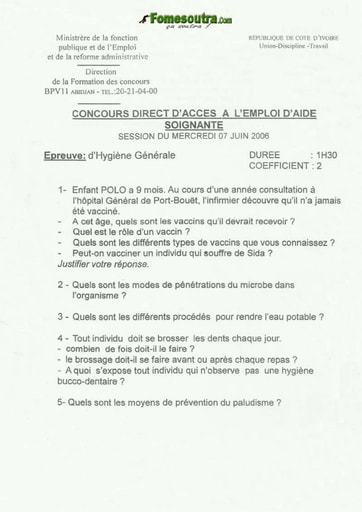 Sujet d'Hygiène Générale concours Aide Soignante 2006