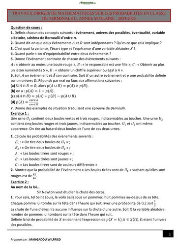 FICHE DE TD N°1 MATHS SUR LES PROBABILITES TLE C & D 2025 by TEHUA