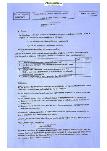 Sujet de Physique-Chimie Seconde C Lycée Classique Abidjan 2023