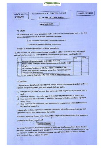 Sujet de Physique-Chimie Seconde C Lycée Classique Abidjan 2023