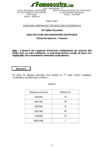 Sujet Analyse d'une documentation statistique ISE option économie 2007 (ENSEA - ISSEA)