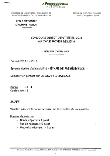 Sujet d'Anglais - Etape de présélection concours ENA cycle moyen  (Avril 2017)