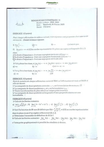 Sujets de mathématiques Première C Lycée Classique Abidjan 2022-2023