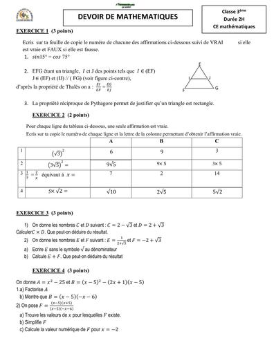 SUJET 3ième DEVOIR DE MATHS N°2 NIVEAU 3ième Collège les SCARABEES BY TEHUA