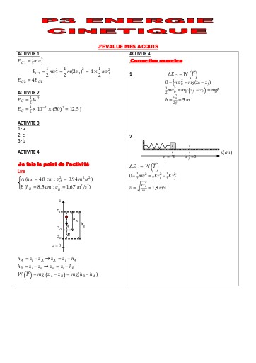 Corrigés Leçon 3 Energie cinétique
