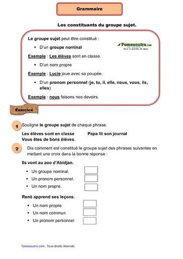Les constituants du groupe sujet - Cours CE1