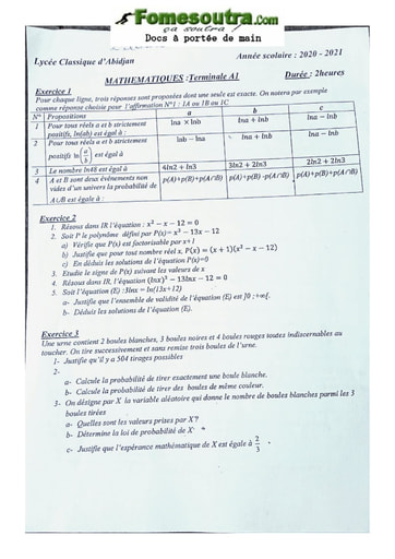 Sujets de Mathématique Terminale A1 Lycée Classique Abidjan