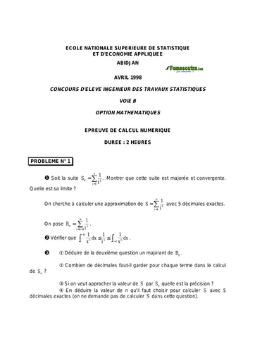 Sujet de Calcul numérique ITS B option Maths 1998 (ENSEA)