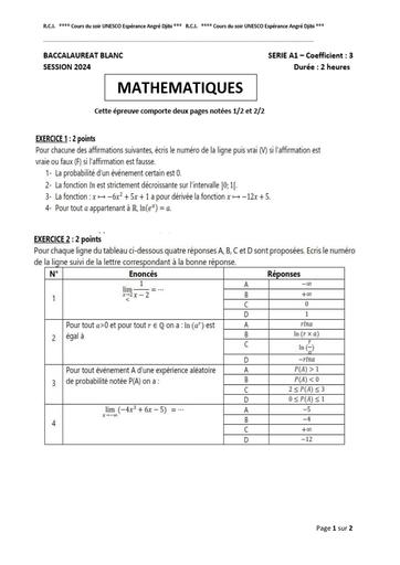 BAC BLANC 2024 A1 MATHS UNESCO by Tehua