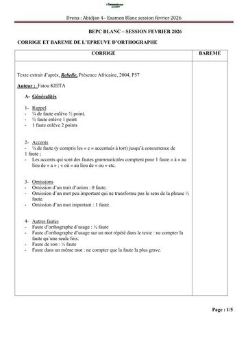 BEPC BLANC 2026 DRENA ABIDJAN 4 SUJET ORTHOGRAPHE FR (BAREME) by TEHUA