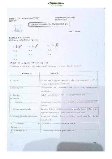 Sujet de SVT niveau Première D Lycée Classique Abidjan 2021-2022