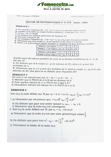 Devoir Mathématique Terminale C Lycée Classique Abidjan 2020