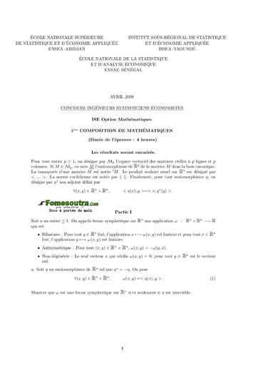 Sujet 1ère épreuve de maths ISE option maths 2009 (ENSEA - ISSEA - ENSAE)