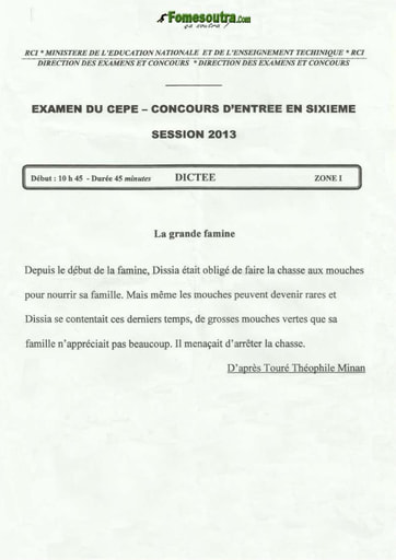 Sujet de Dictée CEPE 2013 zone 1