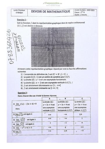 Sujet de Mathématique Première D Lycée Classique Abidjan 2022-2023