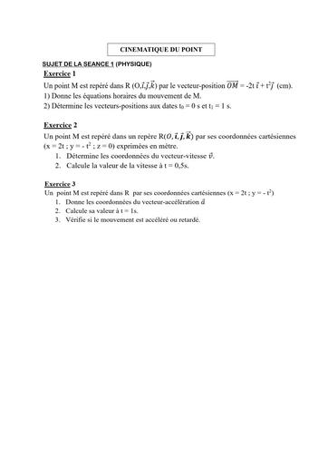 COURS DE VACANCES PHYSIQUE Tle SUJET 1 (CINEMATIQUE DU POINT)