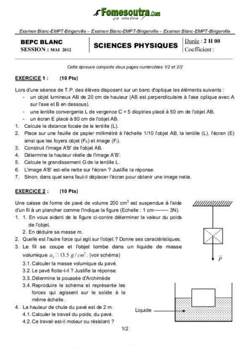 Sujet de Physique Chimie BEPC blanc 2012 EMPT Bingerville