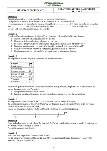 Fiche d'exercices : Solutions Acides, Basiques et Neutre