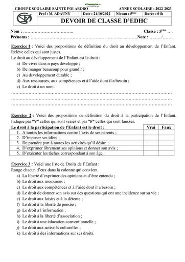 Sujet de EDHC Niveau 5ème Collège Sainte Foi Abidjan 2022-2023