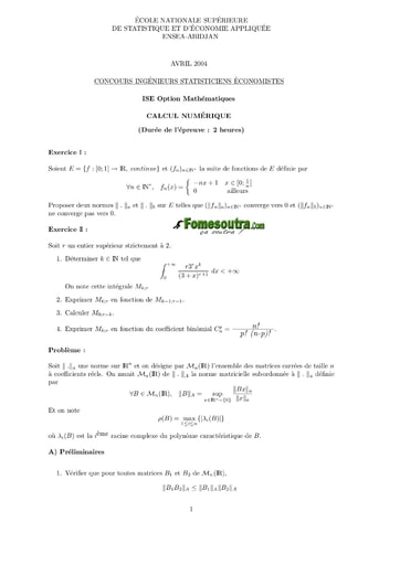 Sujet de Calcul numérique ISE option maths 2004 (ENSEA)