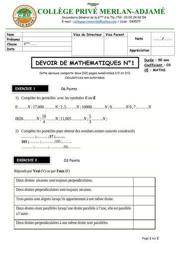 DEVOIR DE NIVEAU MATHS niveau 6ième MERLAN 12 NOVEMBRE 2025 by TEHUA