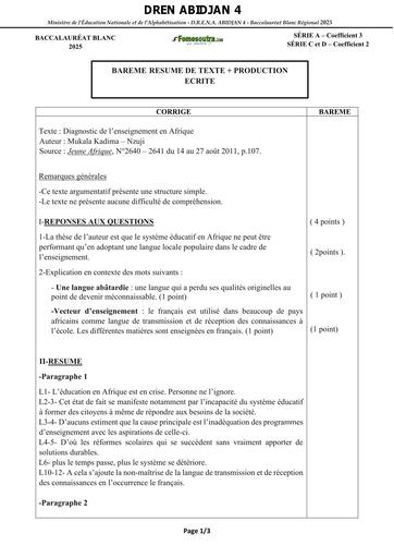 BAC blanc régional 2025 dren Abidjan 4 français RESUME DE TEXTE ARGUMENTATIF+PRODUCTION ECRITE CORRIGE ET BAREME SERIE ACD by TEHUA