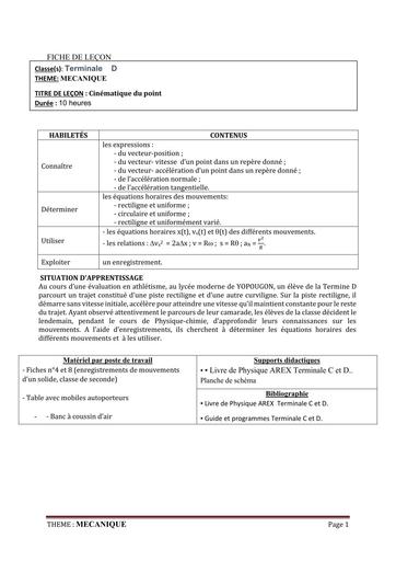 FICHE DE COURS PHYSIQUE Tle D L1  CINEMATIQUE DU POINT