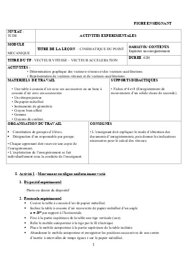 FICHE PROFESSEUR 1   cinematique du point final