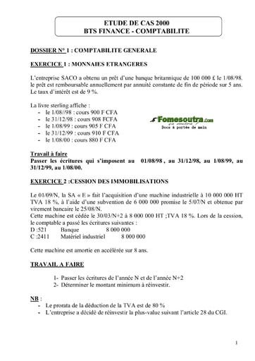 Sujet corrigé Etude de Cas BTS Finances Comptabilité 2000
