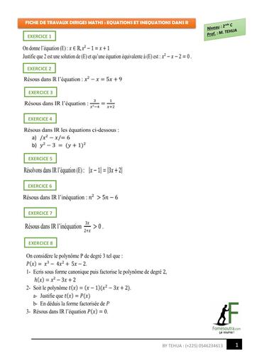 Fiche Travaux dirigés 2nde c EQUATIONS et INEQUATIONS DANS R by TEHUA