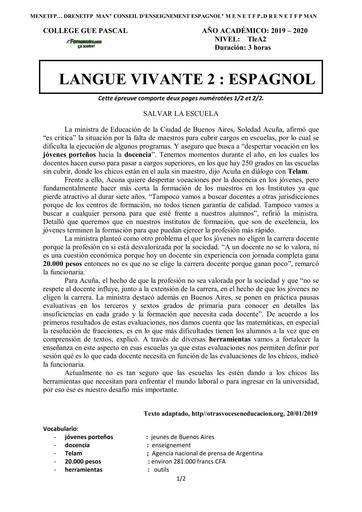 SUJET Tle A2 DEVOIR DE CLASSE TLE A2 ESPAGNOL COLLEGE GUE PASCAL BY TEHUA