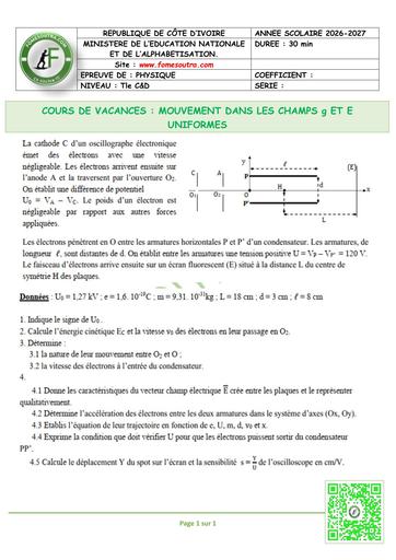 FICHE 3 Physique Tle C&D MOUVEMENT DANS LES CHAMPS g ET E UNIFORMES by TEHUA