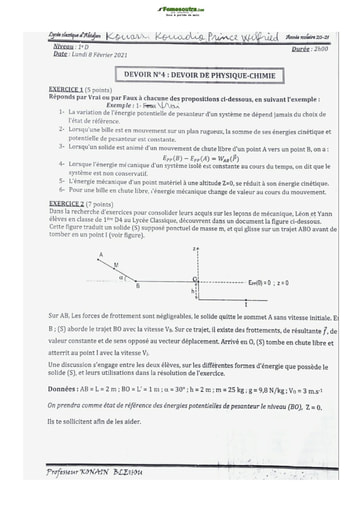 Sujet de Physique-Chimie Niveau Première D Lycée Classique Abidjan