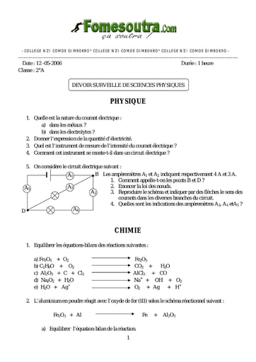 Devoir 1 de Physique-Chimie niveau 2nd A