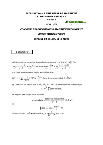 Corrigé Calcul numérique ISE option maths 2000 (ENSEA)
