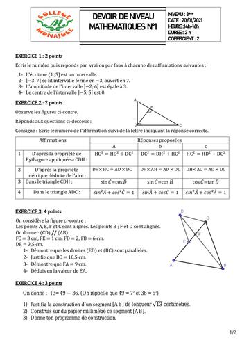 DEVOIR niveau MATHS 3eme LECON 1-2-3-4 By DJAHA