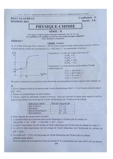 PHYSIQUE CHIMIE BAC 2021 Tle D