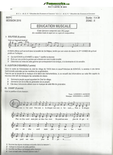 Sujet corrigé et barème de Musique BEPC 2016 Zone 2