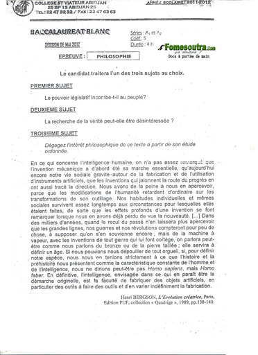 Sujet de Philosophie BAC blanc série A1 et A2 2012 - Collège St Viateur d'Abidjan